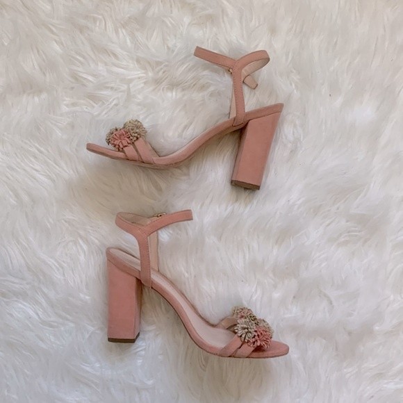 Loeffler Randal Layla Blush Pink Suede Block Heel Ankle Strap Pom Sandals Sz 6.5 - Picture 3 of 14